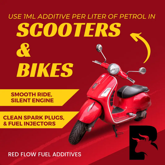 Red background with the Red Flow Fuel Additives logo. Image shows a red scooter. Text promotes using Red Flow Fuel Injector Cleaner for a quieter engine and smoother ride.