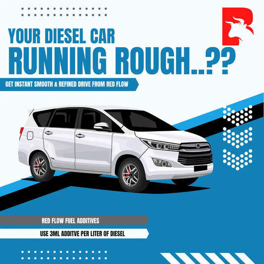 In this image for Red Flow fuel additives. Text asks if your diesel car is running rough and offers a solution for a smoother and more refined drive. The image shows a white car on a blue background.