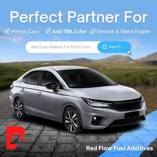 Red text on a black background asks "Find the best fuel additive for your car." The image shows a red 2023 Honda City parked on a brick road next to a field of trees. Text overlay on the image promotes Red Flow Fuel Additives and mentions "Perfect Partner For Petrol Cars" and "1ML/Liter.